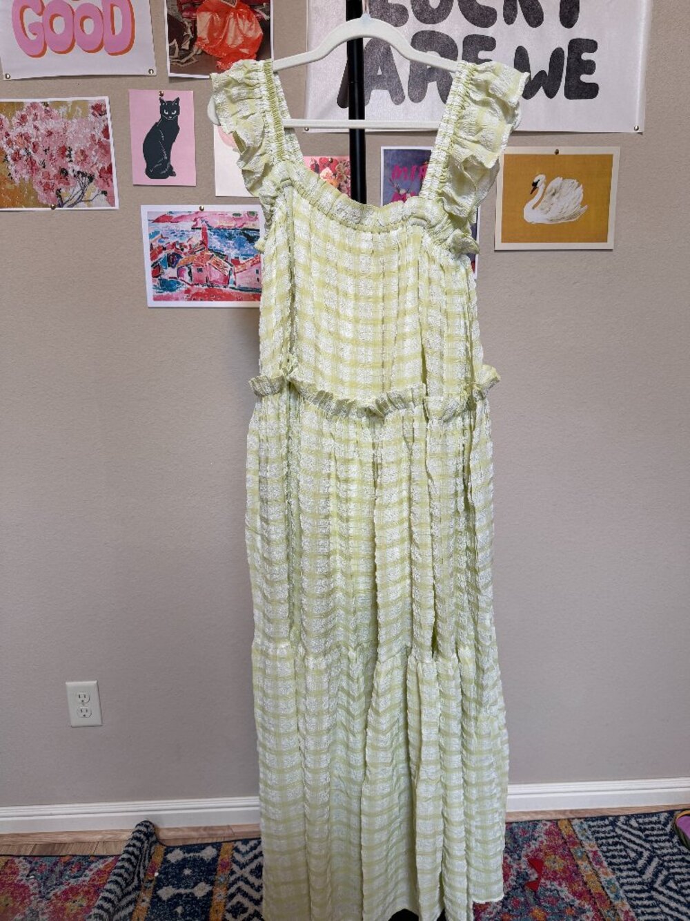 Mable Gingham Textured Ruffle Tiered Maxi Dress Lime Green S NWOT Oversized